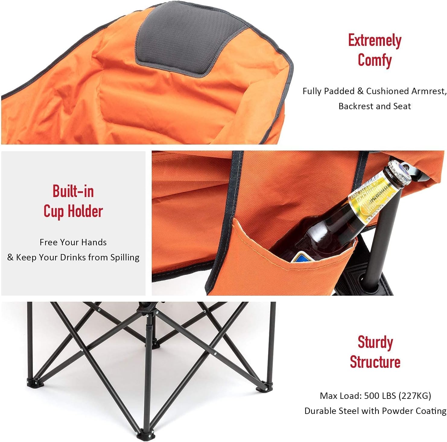 SUNNYFEEL Oversized Camping Chair Heavy Duty 500 LBS Portable Folding Chairs Orange Large Sofa Chair for Beach, Trip, Picnic, Lawn, Outdoor Camp Chair for Adults & Carry Bag