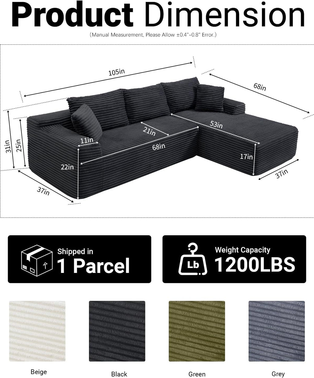 108' Cloud Sectional Couch,Modern Modular Sectional Sofa with Deep Seat,Corduroy Boneless Couches with L-Shape Chaise for Living Room,No Assembly Required (Black, Right Facing Chaise)