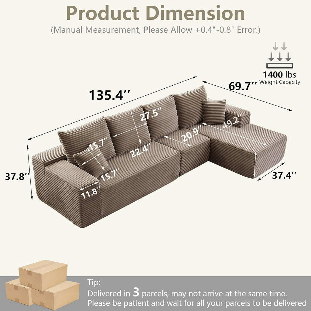135' Cloud Sectional Couch with L-Shape Chaise, Modern Modular Comfy Sofa Chaise Longue, Upholstered Corduroy Couches Sleeper with Deep Seat for Living Room Bedroom, No Assembly Required, Camel