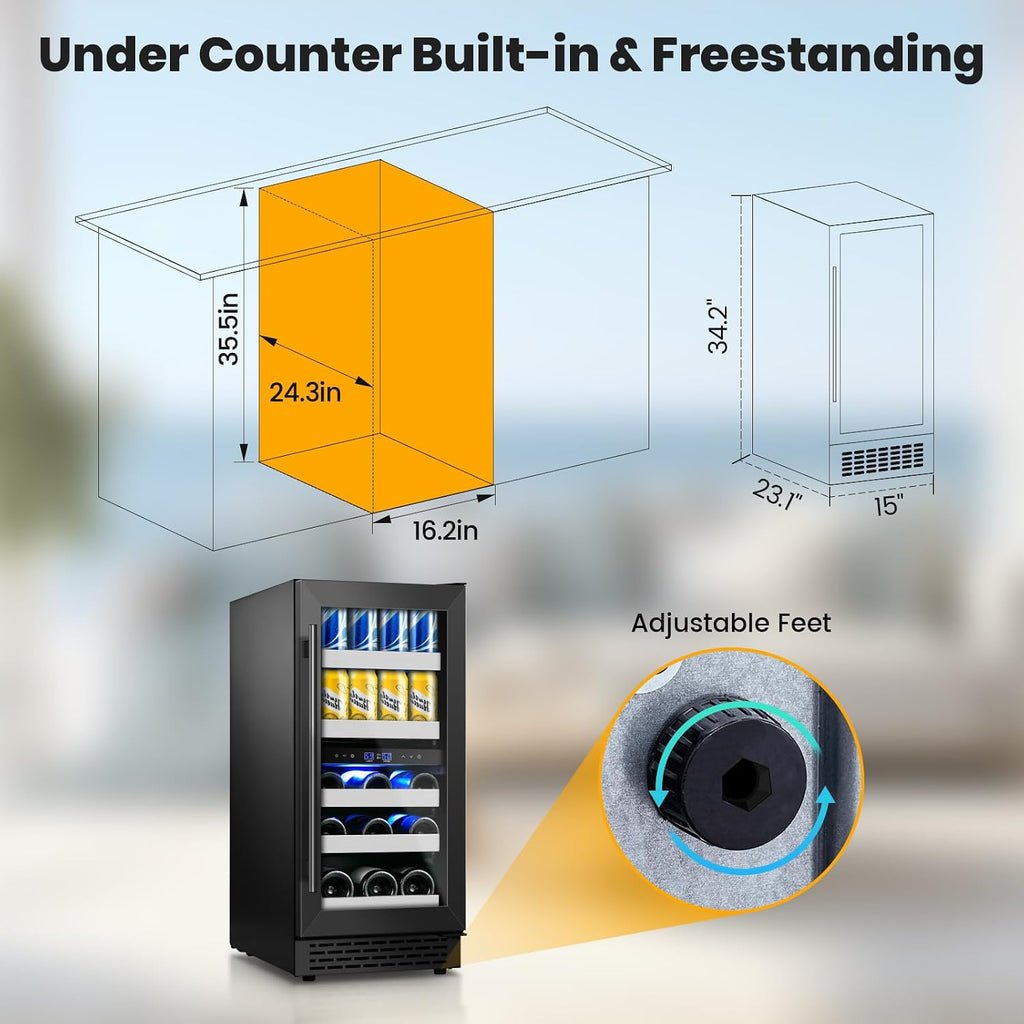 15 Inch Beverage Refrigerator,13 Bottle & 48 Cans Under Counter Black Beverage Fridge with Low-Noise Compressor,Wine Cooler with Dual Independent Temperature Zones for Kitchen Home