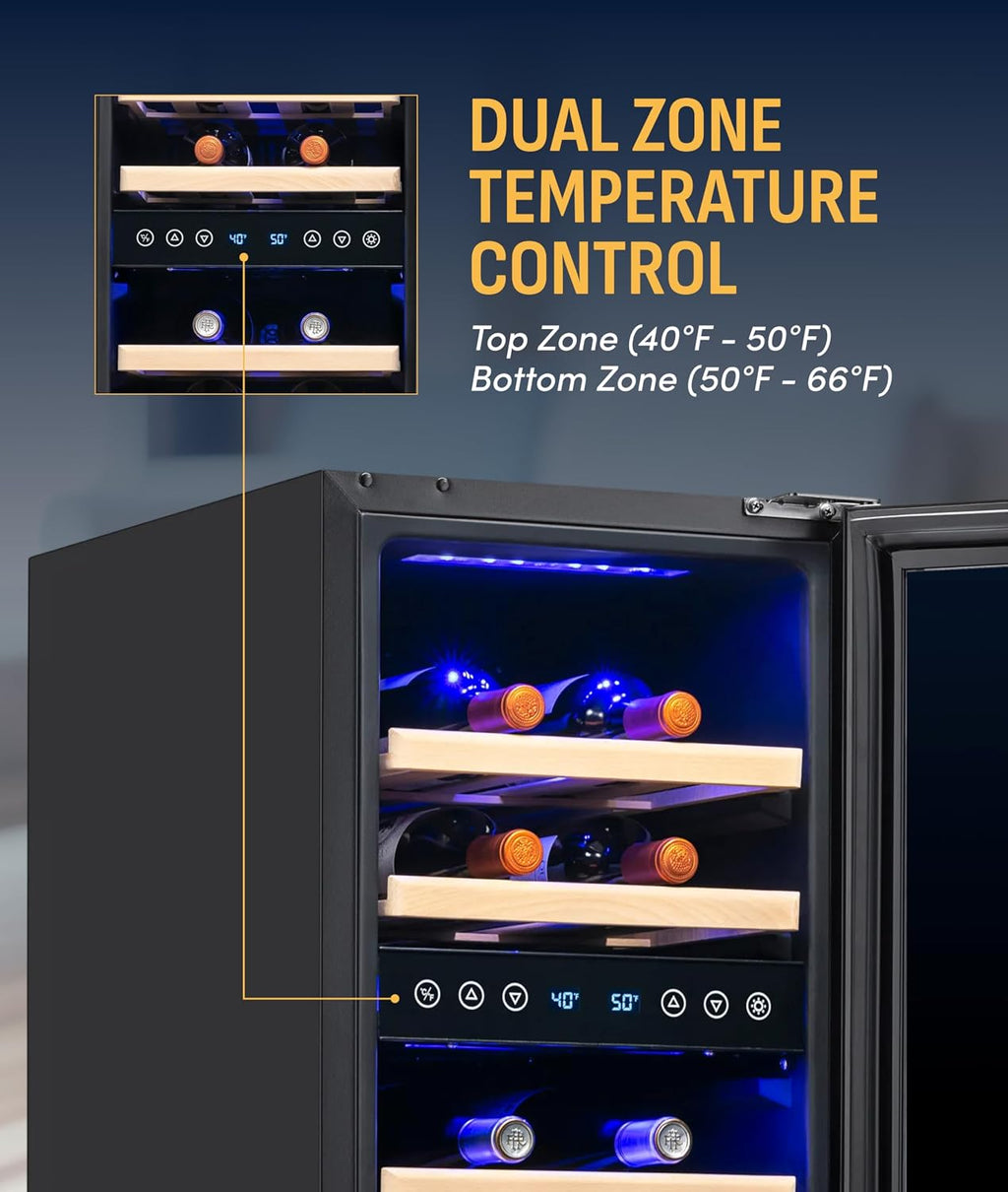 NewAir 15' Dual Zone Wine Fridge for 29 Bottles | Built-In or Freestanding Wine Cooler Refrigerator with Glass Door | Precision Cooling & Wood Shelves for Red and White Wines | Black Stainless Steel