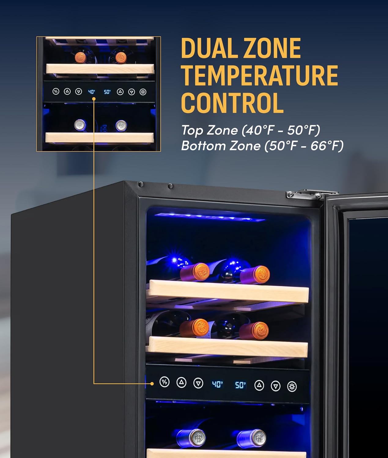 NewAir 15' Dual Zone Wine Fridge for 29 Bottles | Built-In or Freestanding Wine Cooler Refrigerator with Glass Door | Precision Cooling & Wood Shelves for Red and White Wines | Black Stainless Steel