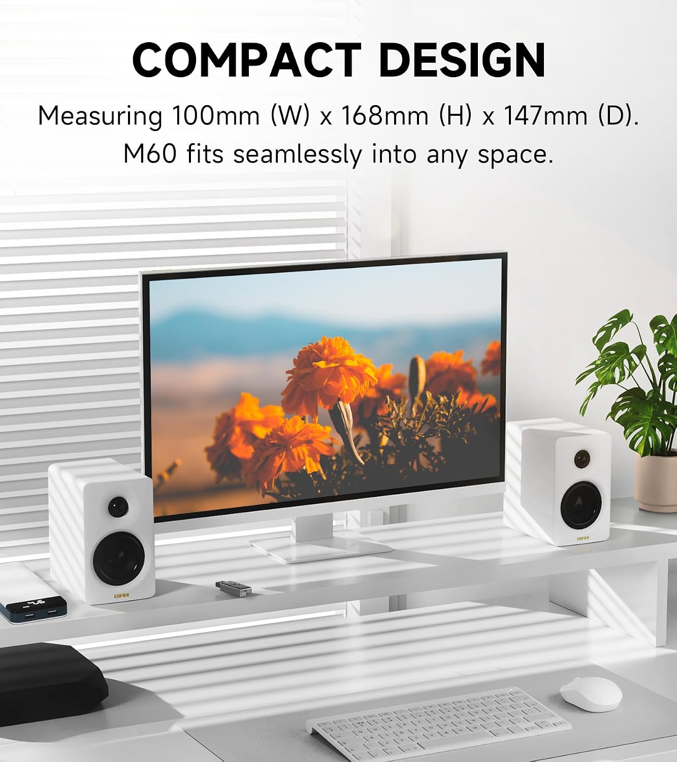 Edifier M60 Multimedia Speaker Bluetooth 5.3, 66W RMS, Hi-Res Audio & Hi-Res Wireless Audio, LDAC,3' Mid Bass & 1' Tweeter, USB-C & Aux Inputs, Compact Desktop Speaker - White