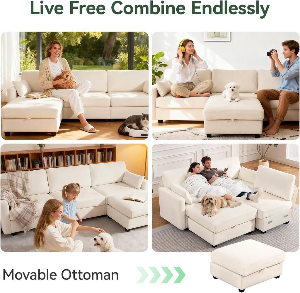 Vogue Furniture Direct 109'' Modular Sectional Sofa, L Shaped Couch with Storage Ottoman, Comfy Cloud Sofa with Deep Seat, 4 Seat Convertible Sectional Couches for Living Room (Beige, Low Legs 1.97')