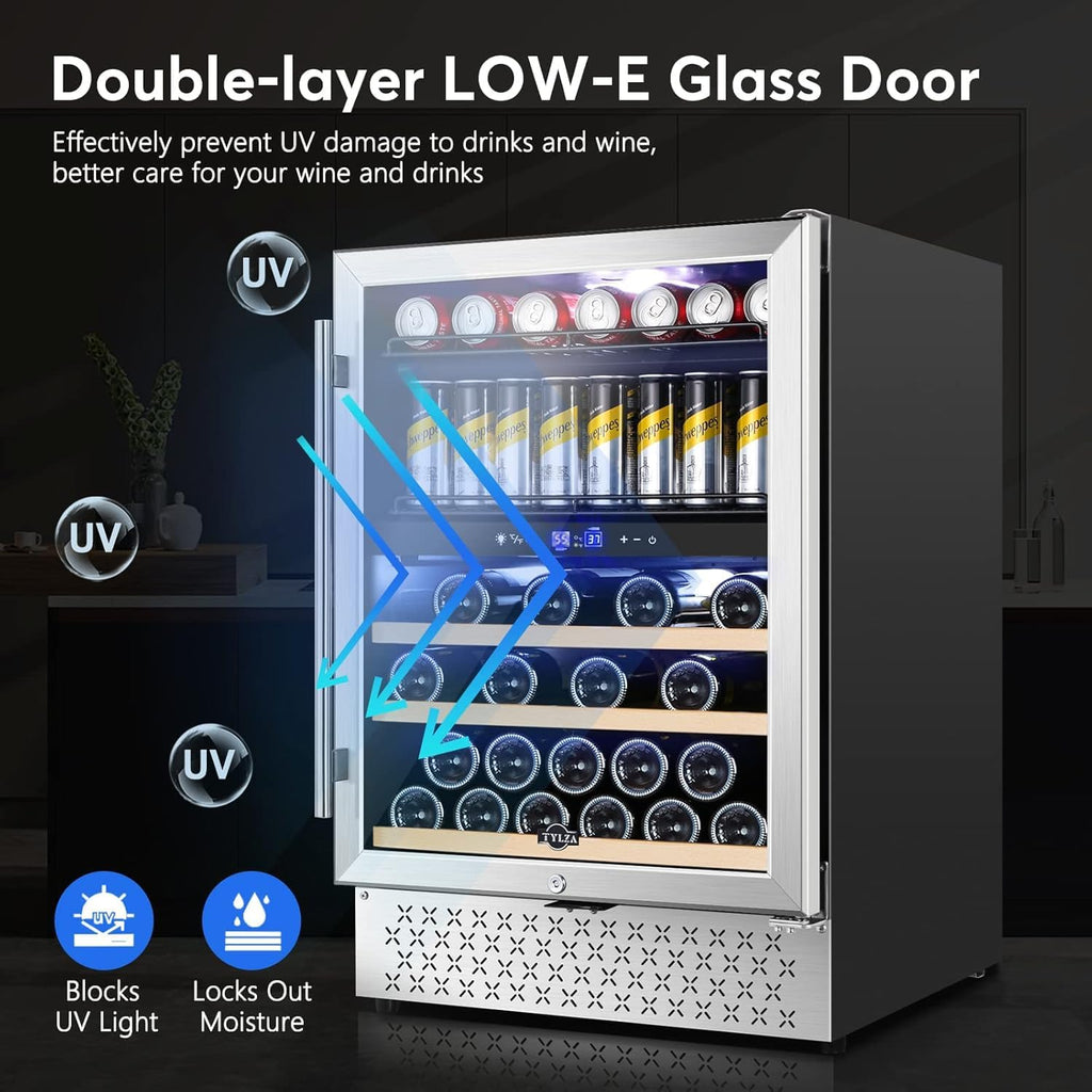 Tylza Wine and Beverage Refrigerator, 24 Inch Dual Zone Wine Fridge Built-in or Freestanding, Holds 100 Cans and 30 Bottles, Under Counter Wine Cellar with Double-Layer Glass Door, LED Light, Lock