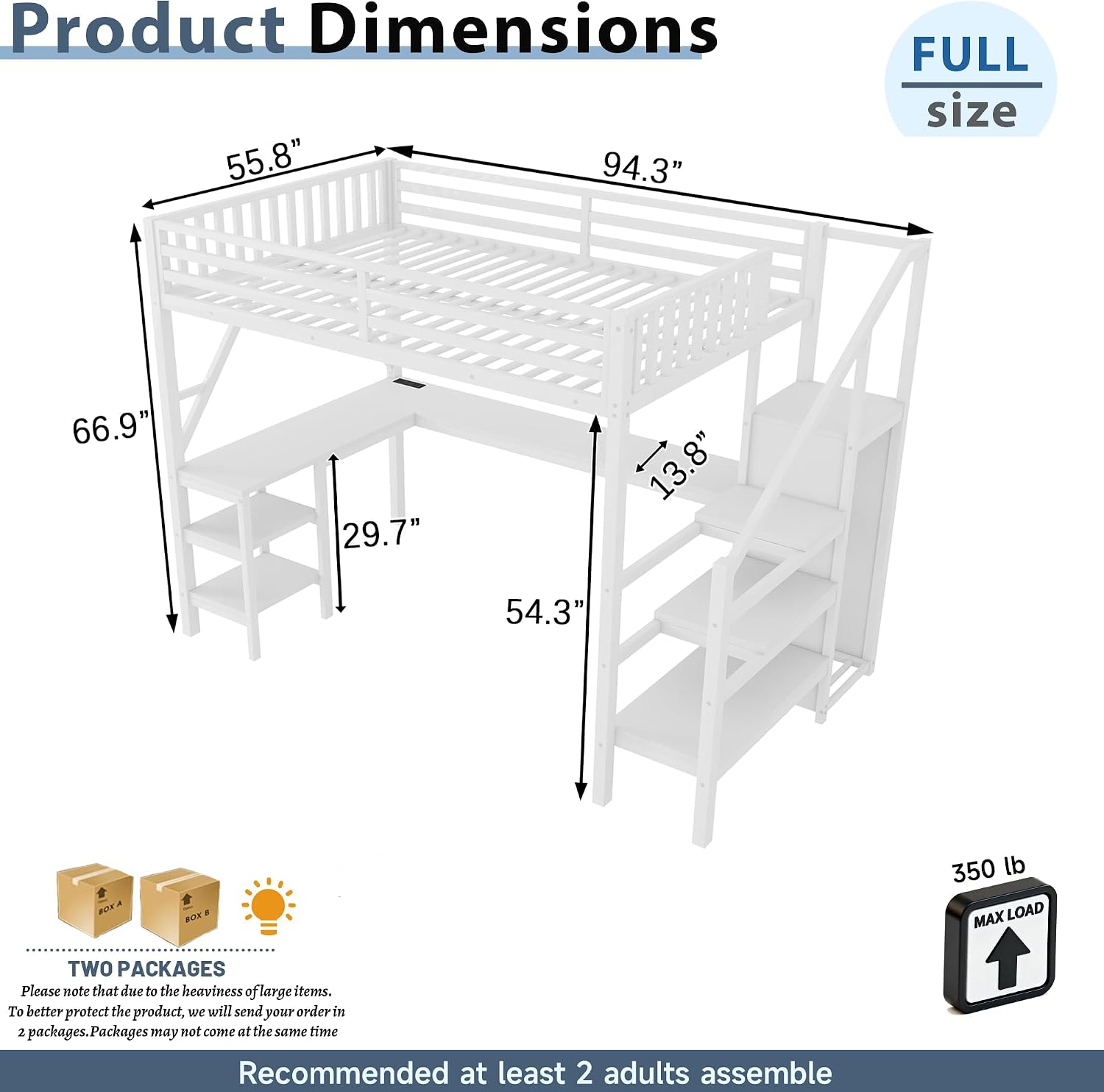 Full Size Loft Bed with Stairs and Desk, Gaming Loft Beds with RGB LED Light and Storage Shelf, Heavy-Duty Metal Loft Bed Frame with Wardrobe, Charging Port for Kids Teens, White