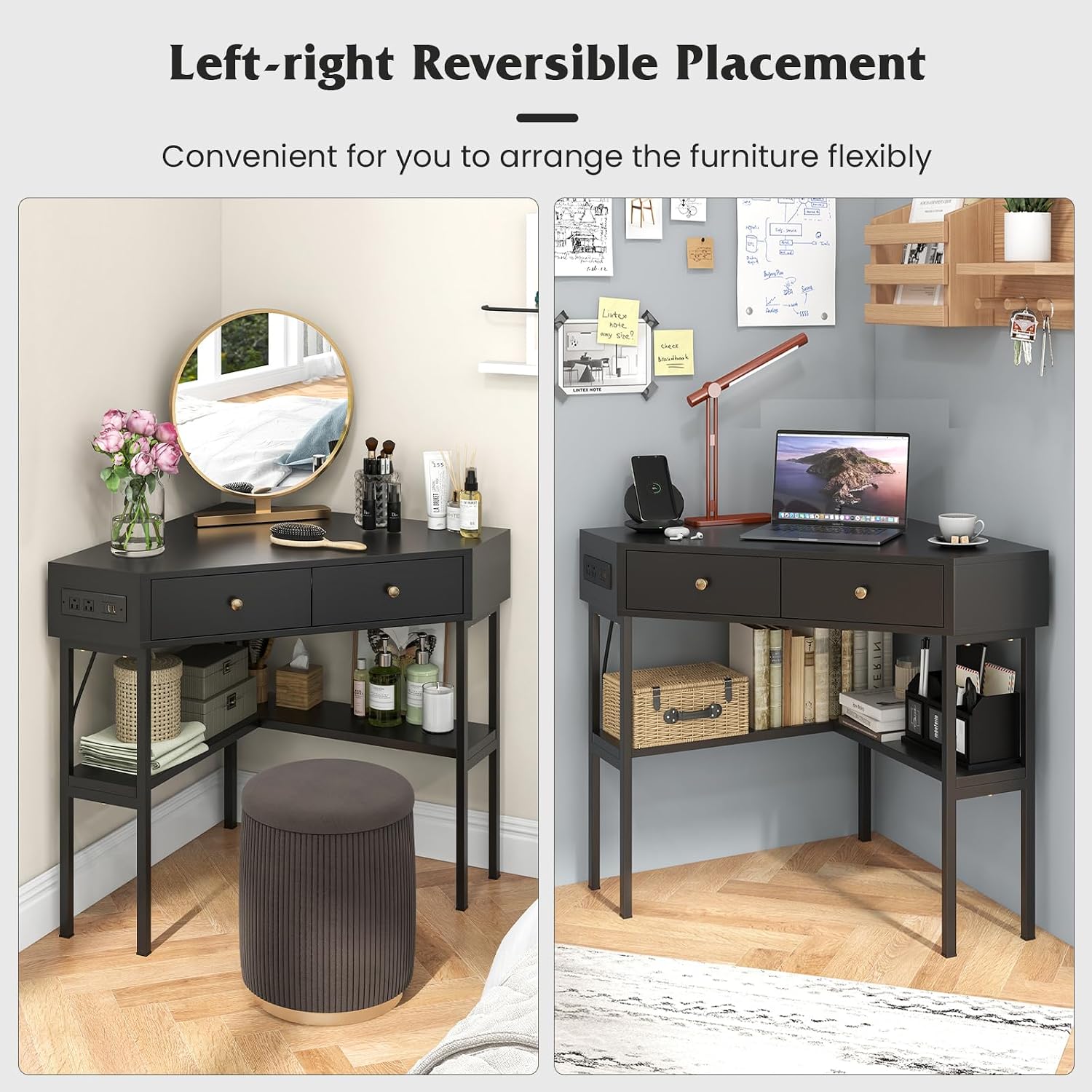 Tangkula Corner Desk with 2 Drawers & Built-in Charging Station, 90 Degrees Triangle Computer Desk for Small Space, Bedroom Makeup Vanity Desk with Storage Shelves, Corner Writing Desk