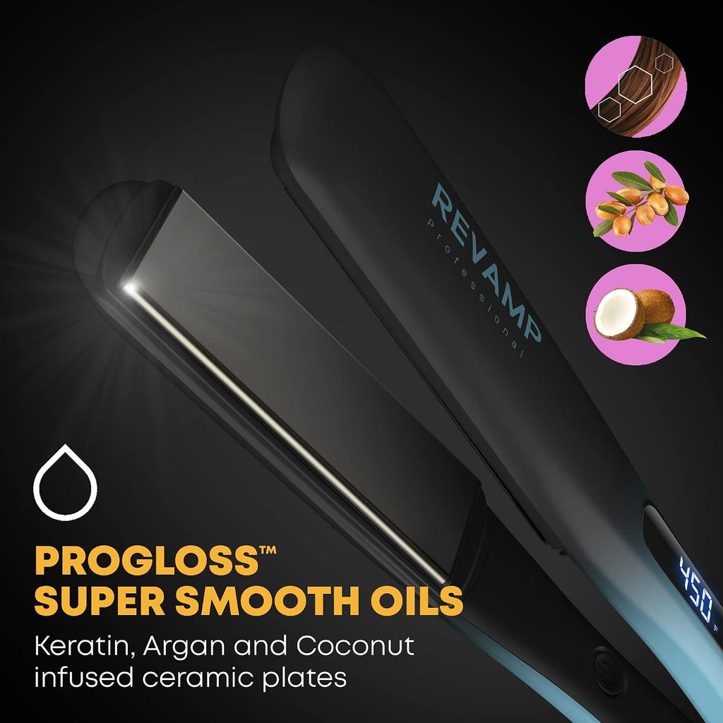 Revamp Progloss Wide Ultra X Shine 1.5-Inch Flat Iron Hair Straightener – Ceramic Hair Straightener with Keratin, Argan & Coconut Oil Infused Ceramic & Ionic Plates, Ideal for Long, Thick, Curly Hair