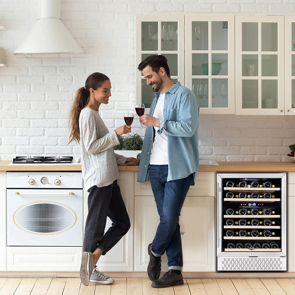 Tylza 24'' Wine Fridge, Dual Zone Wine Refrigerator, 54 Bottles, Lock, Glass Door, Built-in Compressor, 6 Adjustable Shelves, Undercounter or Freestanding, Wine Cooler Refrigerator for Home Bar Office
