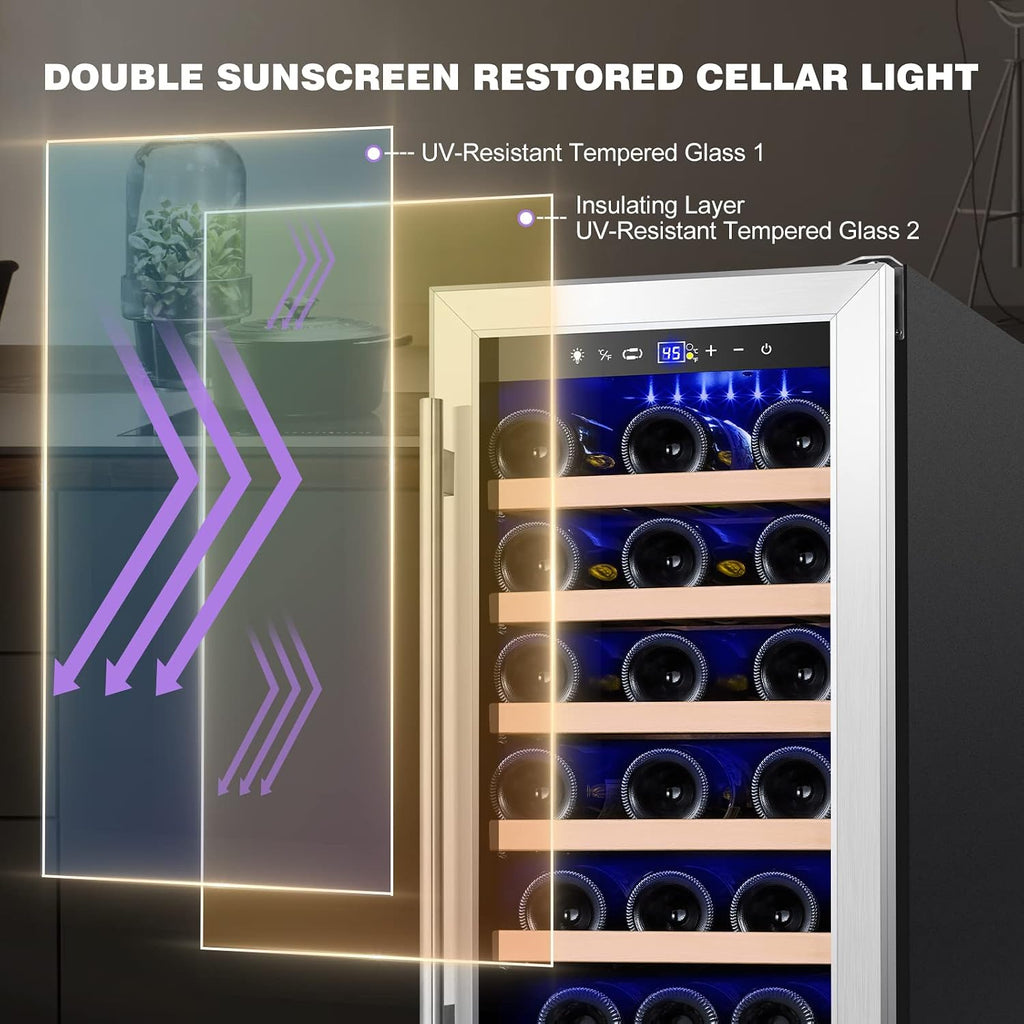 Tylza 15 Inch Wine Cooler Under Counter, 30 Bottles Built-in Wine Fridge with Stainless Steel Tempered Glass Door, Temp Memory Function, Freestanding Fast Cooling Wine refrigerator, Quiet Operation