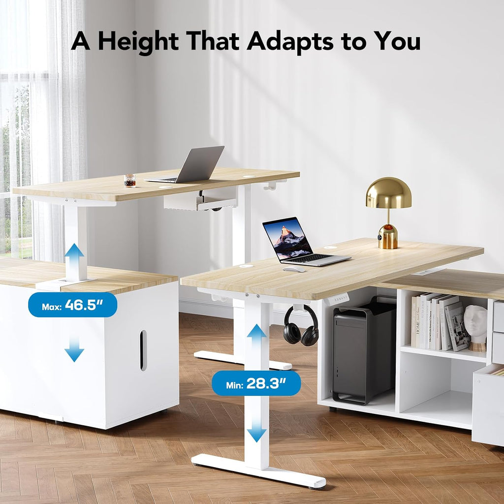 HUANUO L Shaped Standing Desk, Electric Executive Desk with Drawers, Adjustable Height Stand Up Desk, 55″ x 23.6″ One-Whole Piece Desktop, Computer Desk with 4 Memory Presets, Light Walnut