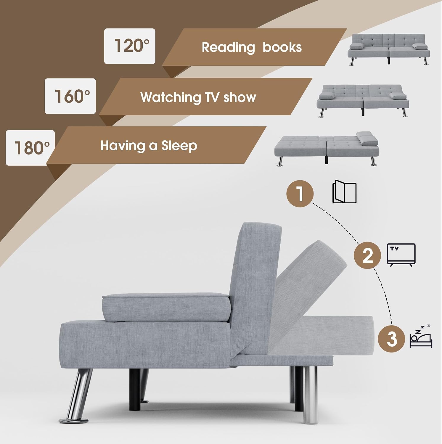Flamaker Futon Sofa Bed Modern Folding Futon Set Linen Fabric Convertible Recliner Lounge for Living Room with 2 Cup Holders, Removable Armrests (Fabric, Light Grey)