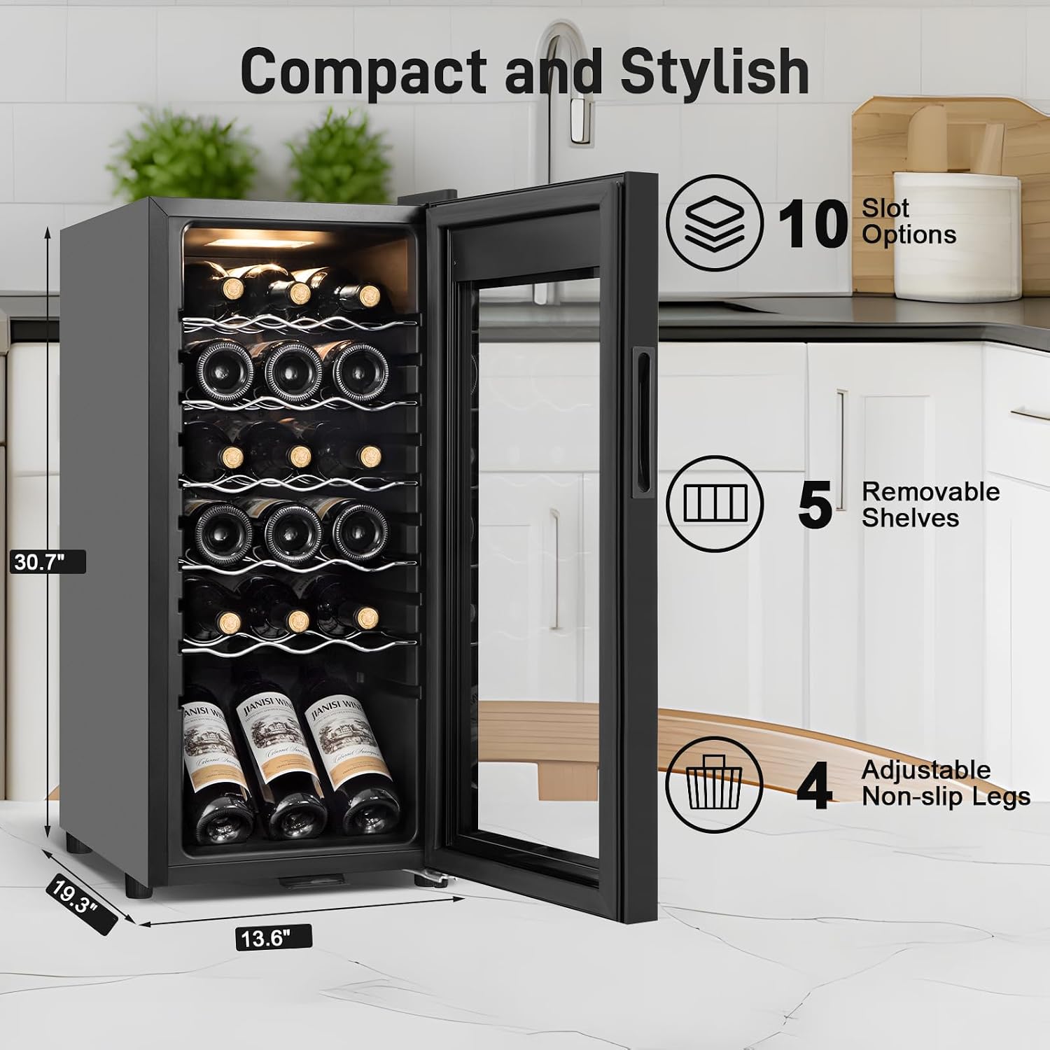 Tylza 18 Bottles Wine Fridge, Wine Cellar with Powerful Compressor, LED Touchscreen, Low-E Tempered Glass Door, Lock, Wine Cooler Refrigerator for Red, White, Champagne or Sparkling Wine, Black