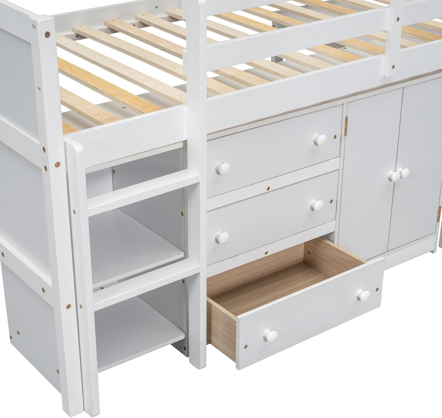 SOFTSEA Twin Size Low Loft Bed with Pull-Out Desk and Drawers, Loft Bed with Cabinet and Shelves, Wood Loft Bed Frame with Support Slats, White