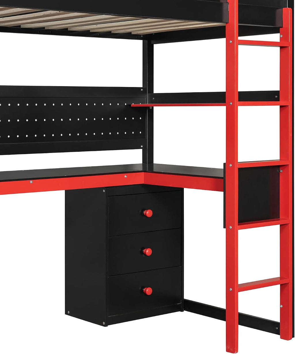 Merax Wooden Gaming Loft Bed with Storage Stairs, Desk, Shelves & Pegboard, Twin Size, Black+Red