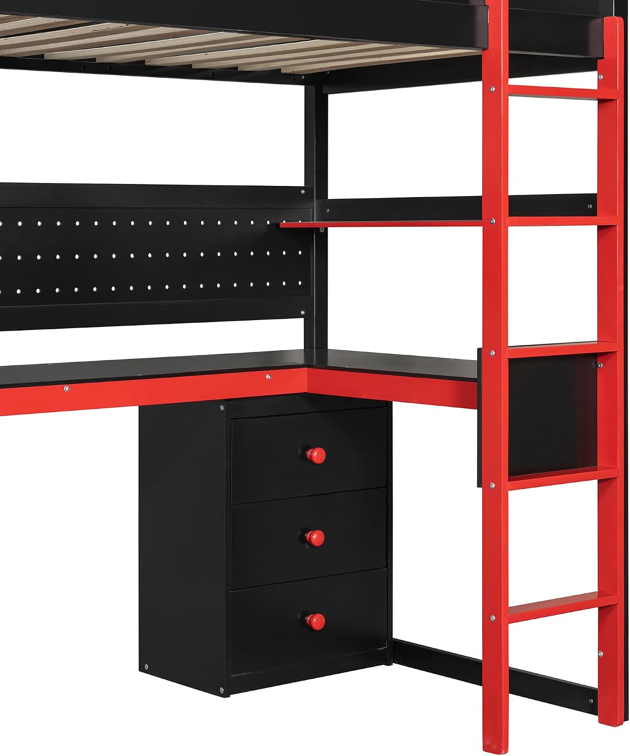 Merax Wooden Gaming Loft Bed with Storage Stairs, Desk, Shelves & Pegboard, Twin Size, Black+Red