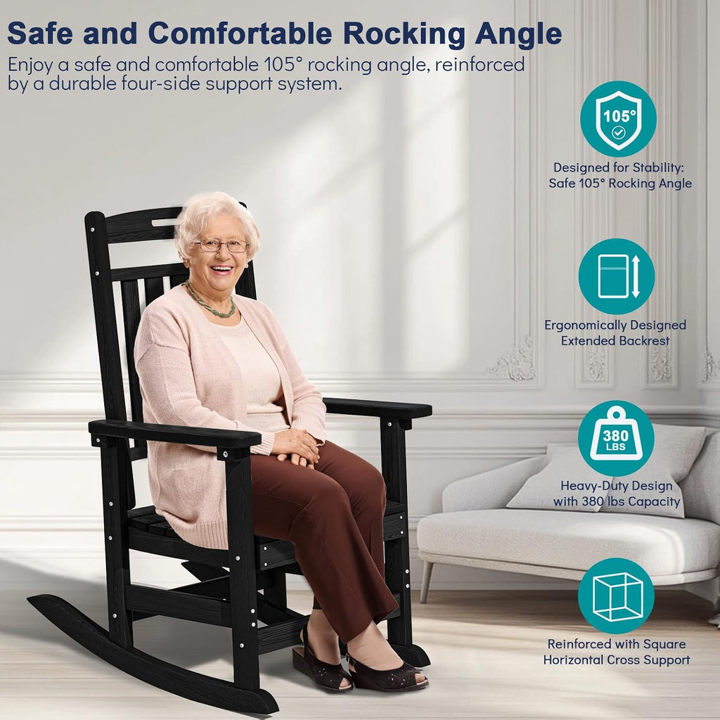 Plawdlik Oversized Rocking Chair,HDPE All-Weather Outdoor Rocking Chair,Patio Rocking Chairs for Porch.Black