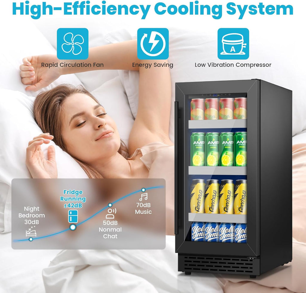 15 Inch Black Beverage Refrigerator, 130 Cans Beverage Cooler Under Counter,Freestanding 37-65°F Mini Beverage Fridge with Glass Door& Stainless Steel Shelves