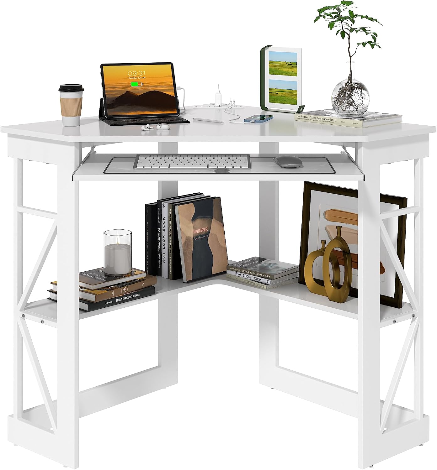 VECELO Corner Computer Desk 41x30 inch with Charging Station & Keyboard & Storage Shelves for Small Space,Triangle Table for Home Office Bedroom,White