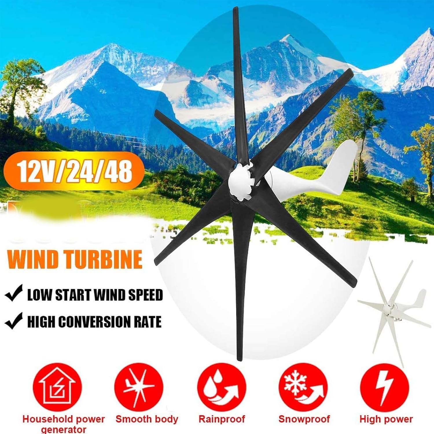 Efficiently 3000W Wind Turbine Generator Kit, 12V 24V 48V+ Charge Controller Black 6 Blade Wind Turbine Generator Kit for Home Or Streetlight Projects