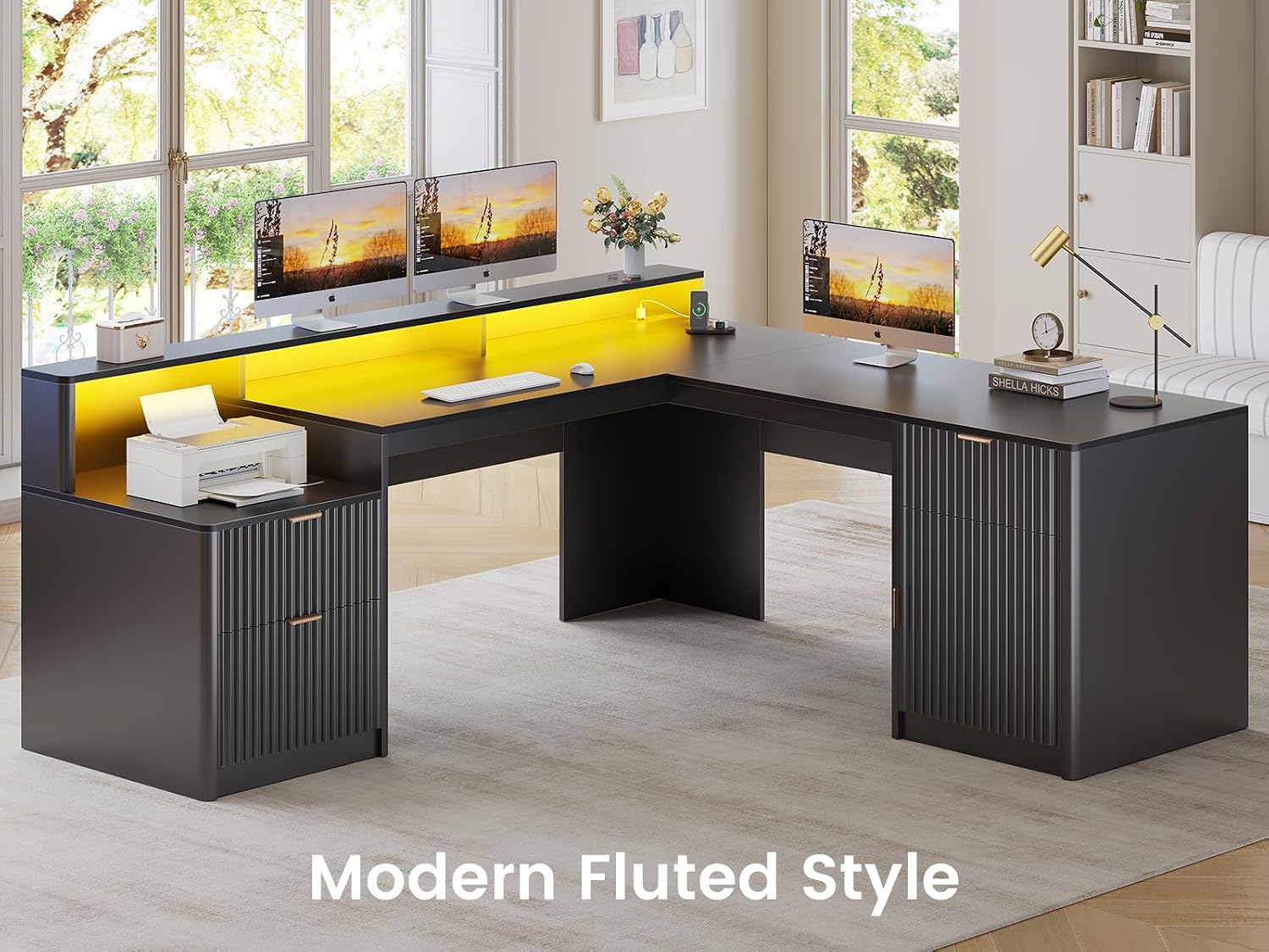 SEDETA 66' Modern L Shaped Desk with Drawers, Fluted Home Office Desk with File Cabinet & Printer Shelf, Wood Executive Desk with Monitor Stand, Power Outlets, Led Lights, Black