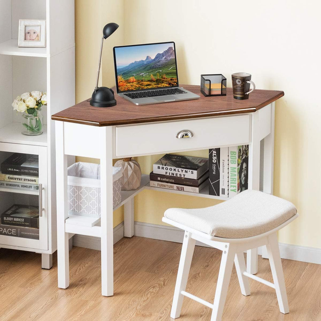 Corner Computer Desk, Space-Saving Corner Table with Drawer & Shelves, Home Office 90° Triangle Corner Workstation, Modern Makeup Vanity Table, Corner Desk for Small Spaces (Natural & White)