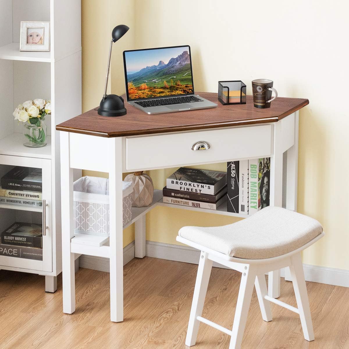 Corner Computer Desk, Space-Saving Corner Table with Drawer & Shelves, Home Office 90° Triangle Corner Workstation, Modern Makeup Vanity Table, Corner Desk for Small Spaces (Natural & White)