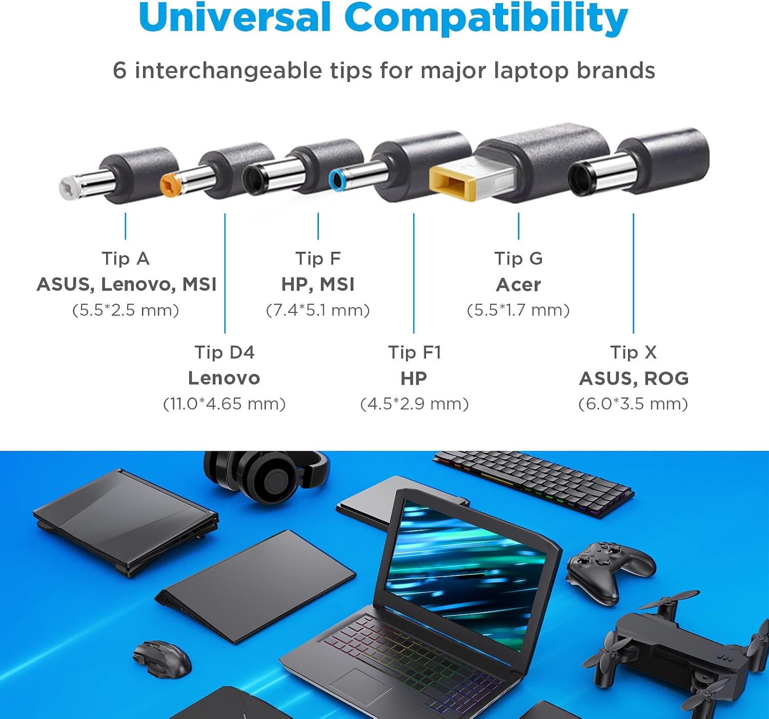 Innergie T18 180W 150W 19.5v 9.23a Universal Laptop Charger for MSI Gaming Laptop, MSI ac Power Cord, Universal Tips for Dell, ASUS, HP, Lenovo, Acer, and More. 9ft