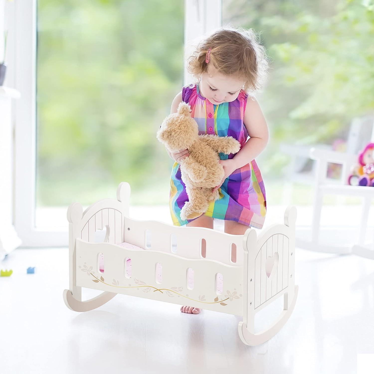 ROBOTIME 4-in-1 Wooden Baby Doll Furniture Set - Includes Doll Crib with Storage, High Chair, Rocking Bassinet, and Stackable Bunk Bed - Fits Dolls up to 21 Inches - Pretend Play Gift for Girls Ages 3
