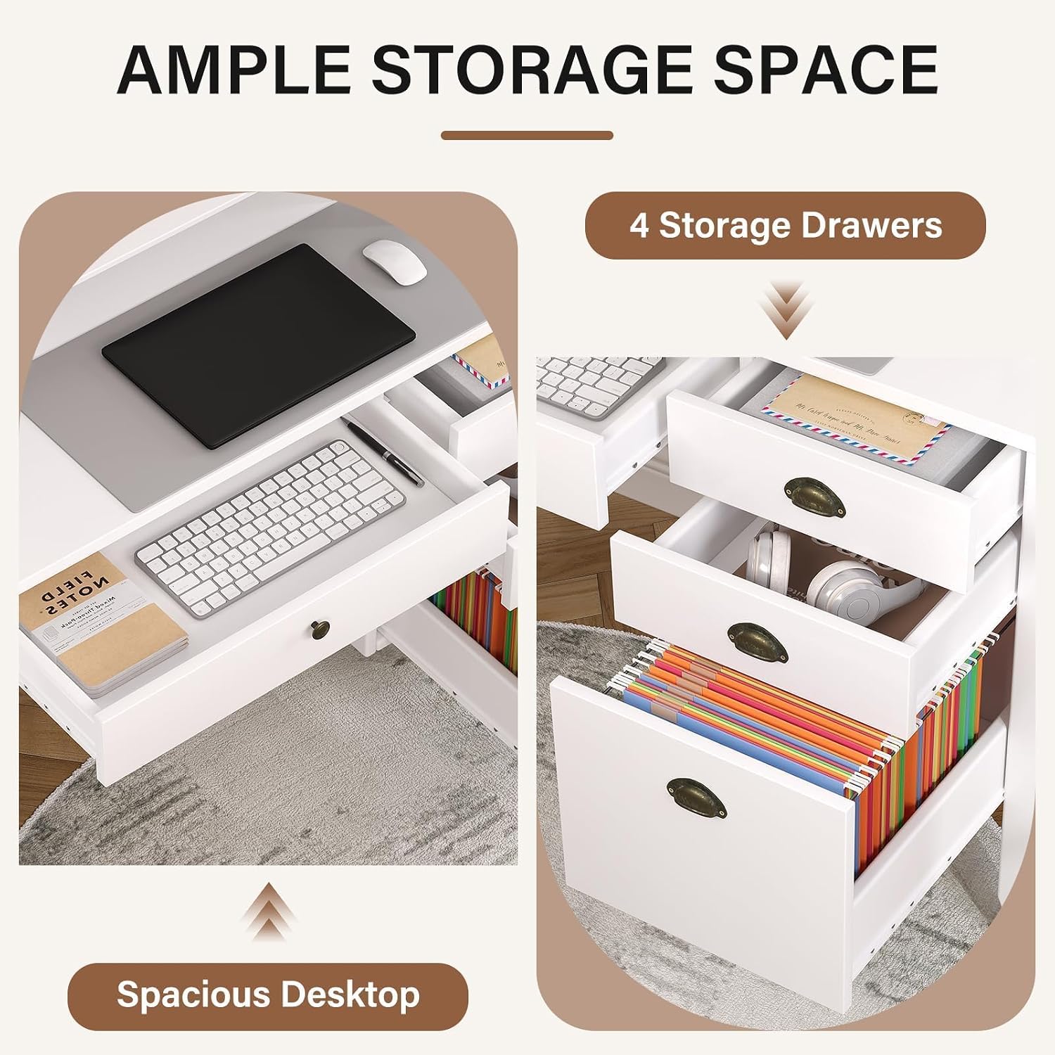 4 EVER WINNER White Desk with Drawers, 47'' Small Desk with File Drawer for Small Spaces, Wood Computer Desk with Monitor Stand for Home Office, Bedroom, White