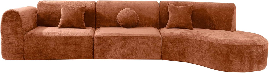 Merax 140' Curved Polyester Sectional Sofa Set, 7 Seat Modern Cloud Couch with Chaise Lounge,3 Pillows, Fully Assembled for Living Room, Orange