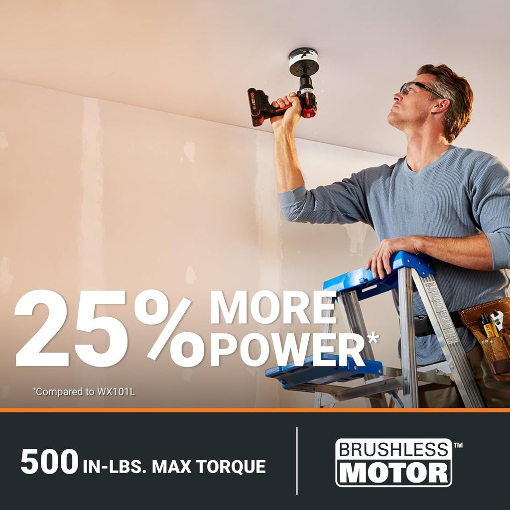 Worx Nitro 20V Cordless 1/2' Drill Driver With Brushless Motor - Compact & Lightweight Set Only 6' and 3 lbs. - Power Share Compatible WX130L - Batteries & Charger Included, Black