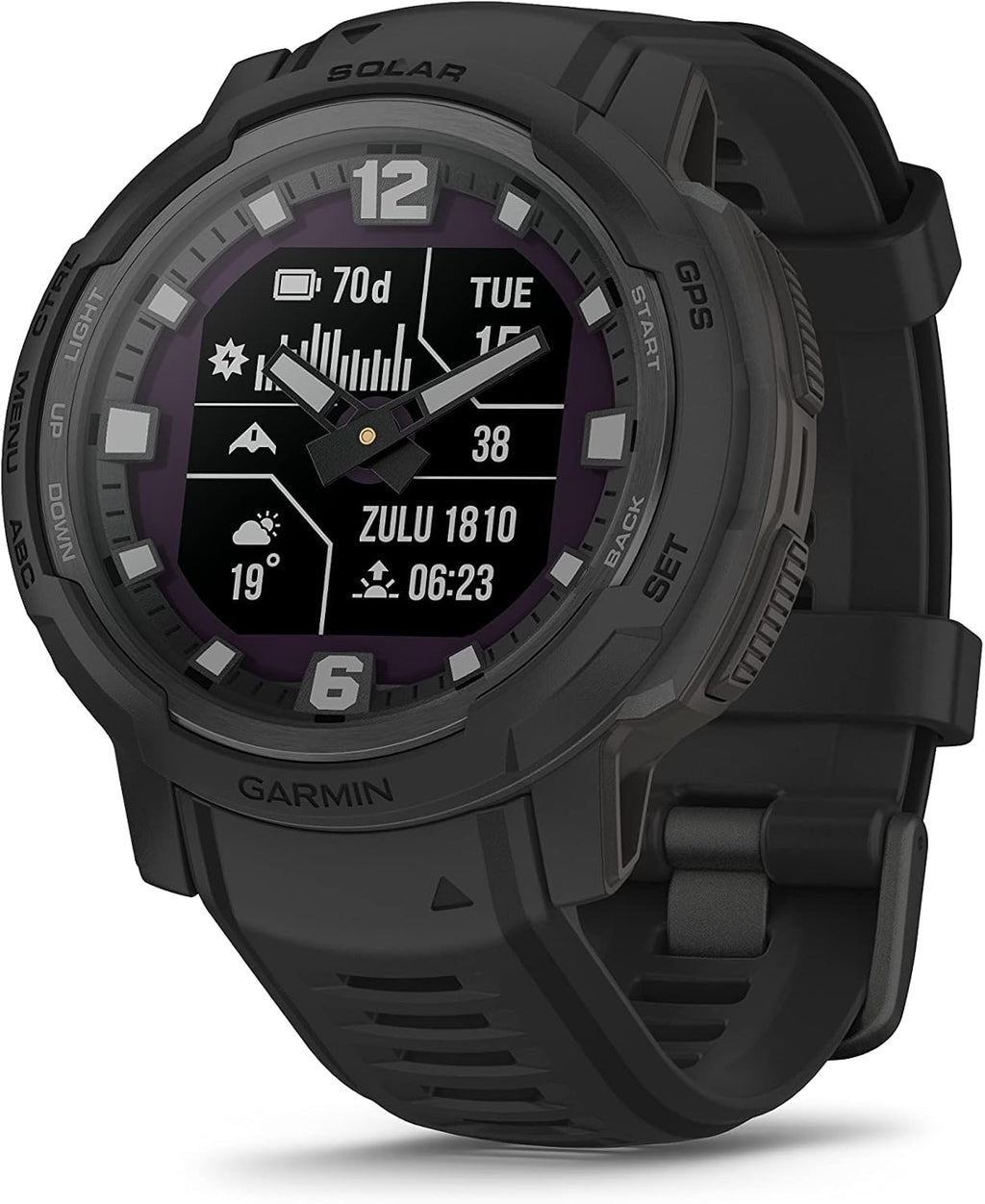 Garmin Instinct Crossover Solar Tactical, Rugged Hybrid Multisport GPS Smartwatch, Graphite | Heart Rate Monitor, Analog Hands, Digital Display, Up to 28 Day Battery Life w/Signature Charging Bundle