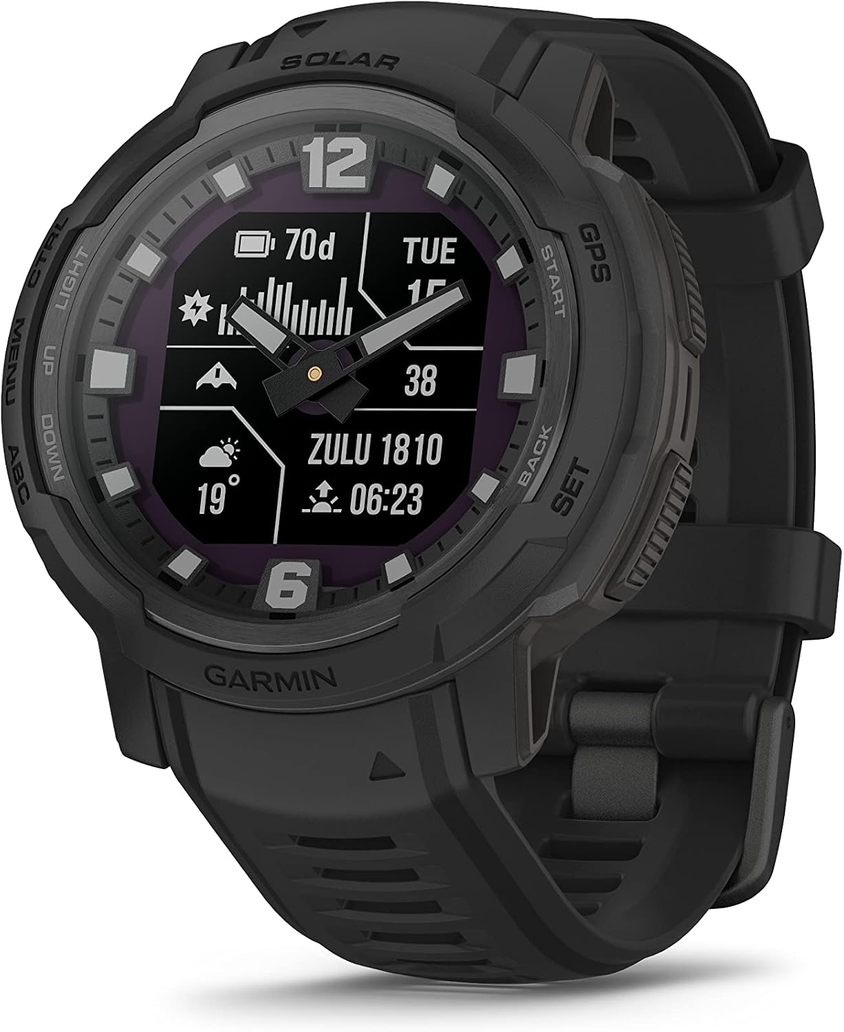 Garmin Instinct Crossover Solar Tactical, Rugged Hybrid Multisport GPS Smartwatch, Graphite | Heart Rate Monitor, Analog Hands, Digital Display, Up to 28 Day Battery Life w/Signature Charging Bundle