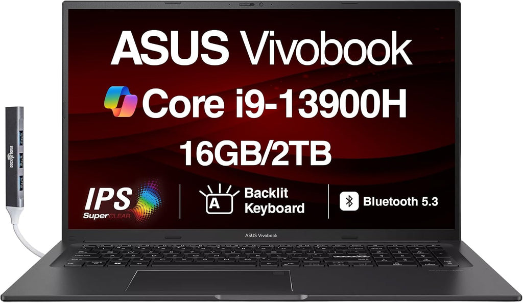 ASUS Vivobook K3704VA-DS96 17X Laptop 17.3' IPS FHD Display (Intel i9-13900H, 16GB DDR4, 2TB PCIe SSD, Intel Iris Xe, Backlit KB, Fingerprint, Webcam, WiFi 6E, Win 11 Pro) w/Dockztorm Hub