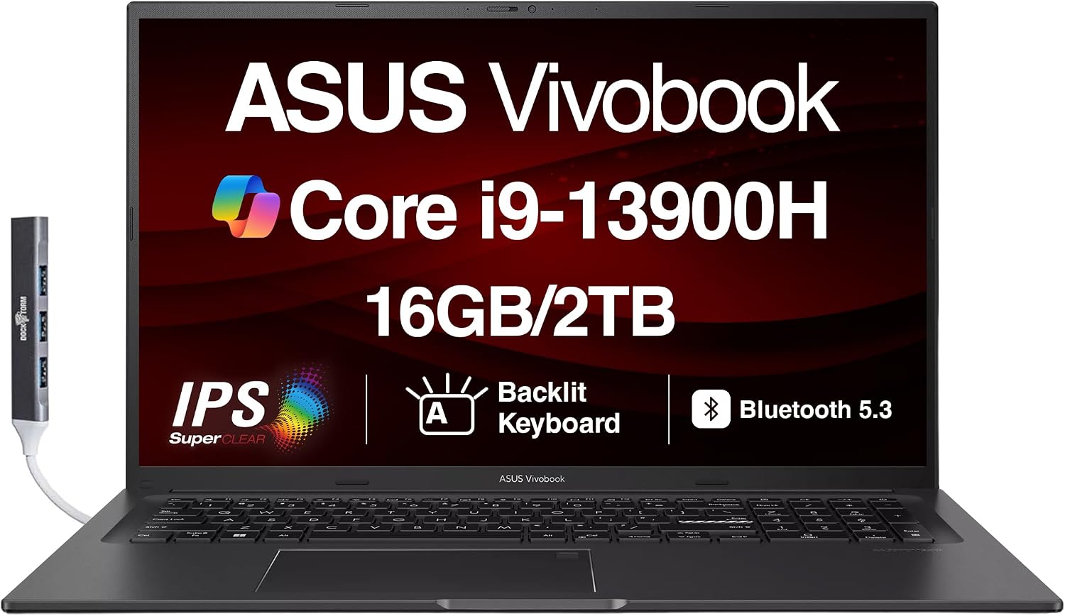 ASUS Vivobook K3704VA-DS96 17X Laptop 17.3' IPS FHD Display (Intel i9-13900H, 16GB DDR4, 2TB PCIe SSD, Intel Iris Xe, Backlit KB, Fingerprint, Webcam, WiFi 6E, Win 11 Pro) w/Dockztorm Hub