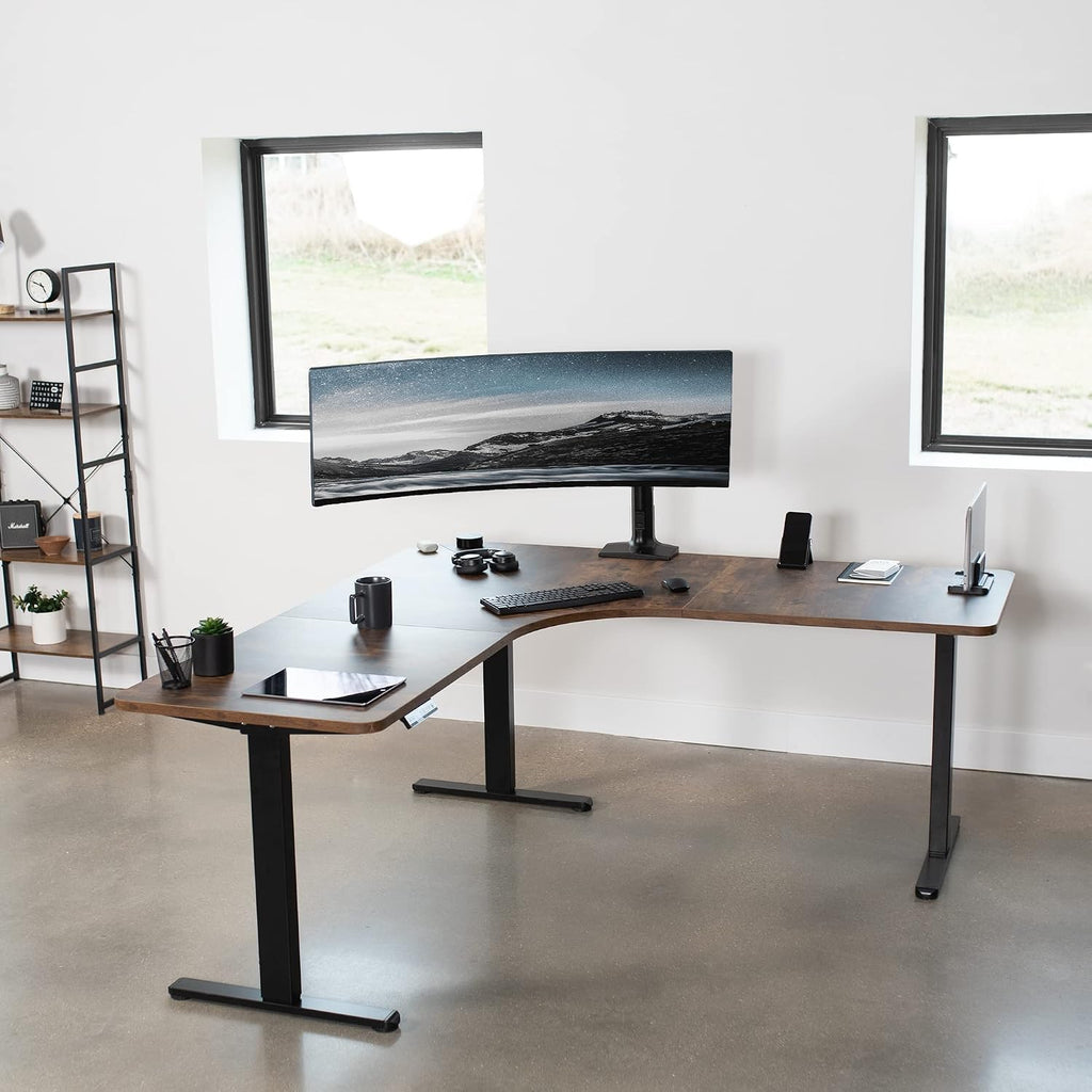VIVO Universal 71 x 71 inch Curved Corner Table Top for L-Shape Sit to Stand Height Adjustable Home and Office 3-Leg Desk Frames, Rustic Vintage Brown Desktop, DESK-TOP2CN