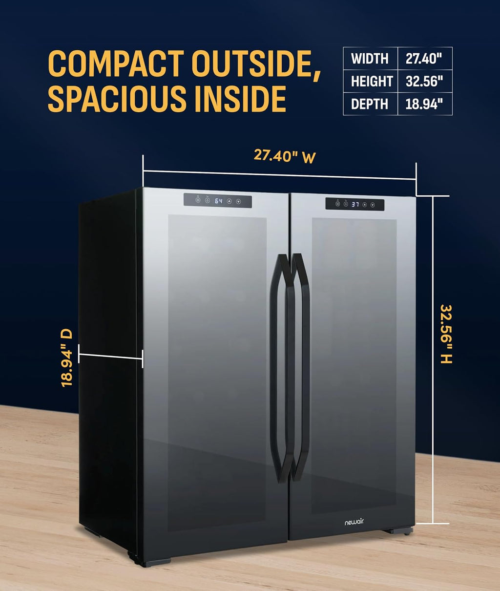 NewAir 27' Dual Zone Beverage Refrigerator & Wine Cooler for 18 Bottles & 59 Cans | Freestanding or Built-In Under Counter Mini Fridge for Beer, Wine and Soda | Black