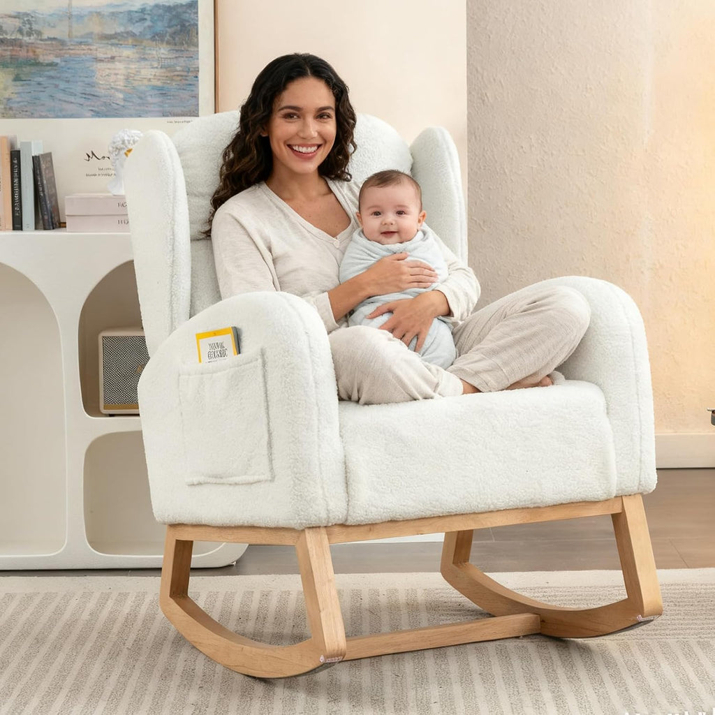 Nursery Glider Chair - Wingback Teddy Upholstered Rocking Chair with High Backrest, Ergonomic Rocker Chair for Breastfeeding & Baby Room, Modern Accent Armchair for Living Room & Bedroom, Lvory
