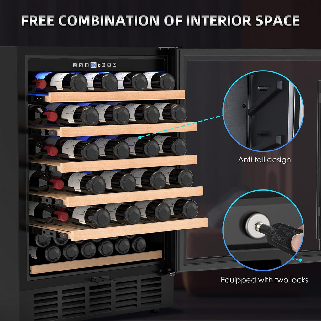 Mojgar 24 Inch Wine Cooler, 51 Bottle Wine Refrigerator with Removeable Shelves Blue Interior Light, Stainless Steel Wine Fridge, Built-in/Freestanding (Single Zone Black Door)