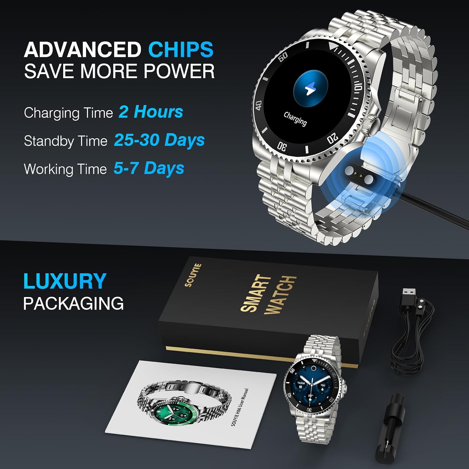 SOUYIE AI Smart Watch, DA GPT Waterproof Smartwatch, 1.19-inch AMOLED Display, 24/7 Heart Rate, Blood Oxygen, Blood Pressure, Sleep Monitor, 107 Sports Modes, Compatible Android and iOS Silver Black