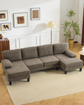 Karl home 110' U-Shape Sectional Couches for Living Room Chenille Upholstery 4 Seat Sofa Set with Double Chaises & Wood Grain Legs for Apartment, Brown