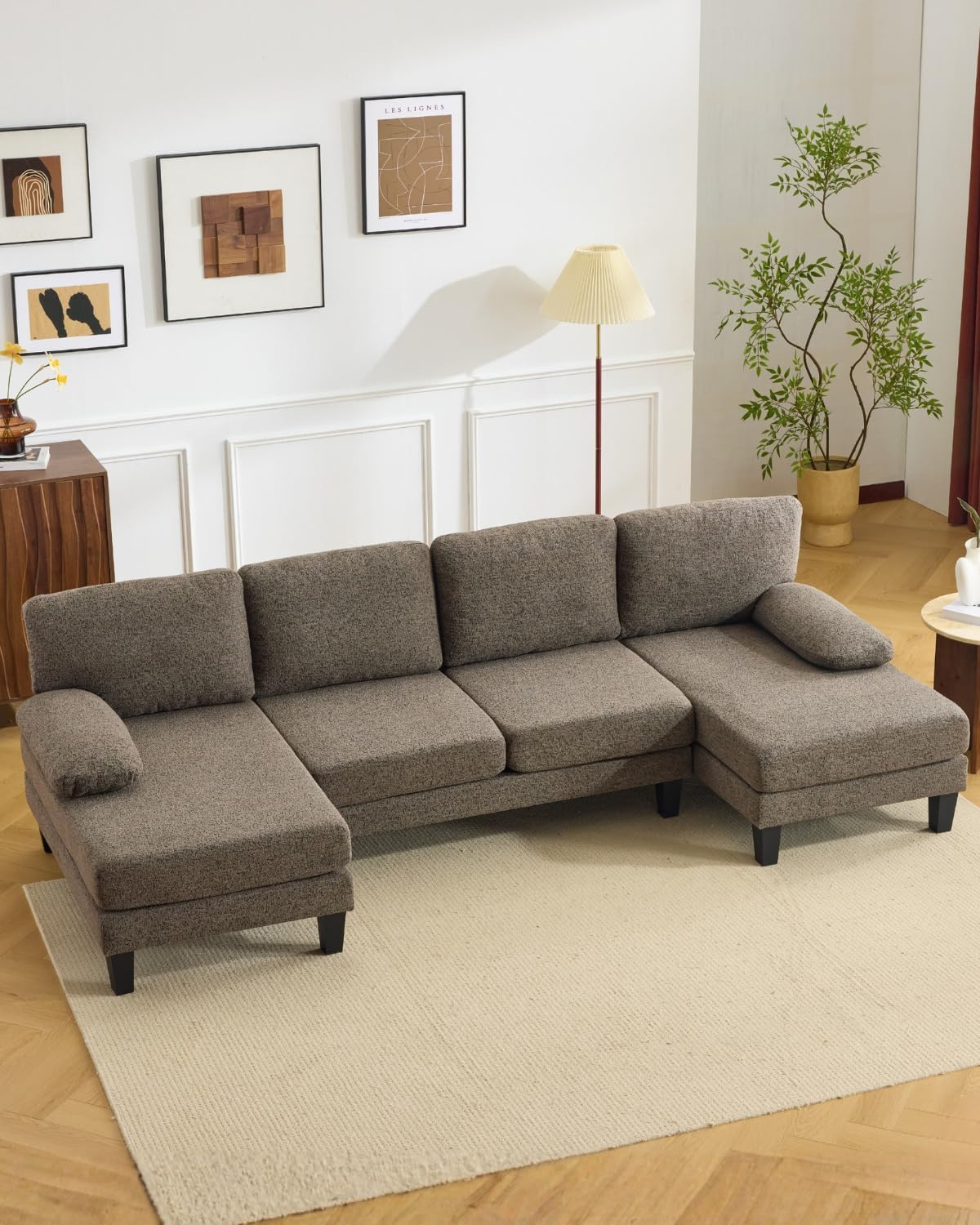 Karl home 110' U-Shape Sectional Couches for Living Room Chenille Upholstery 4 Seat Sofa Set with Double Chaises & Wood Grain Legs for Apartment, Brown