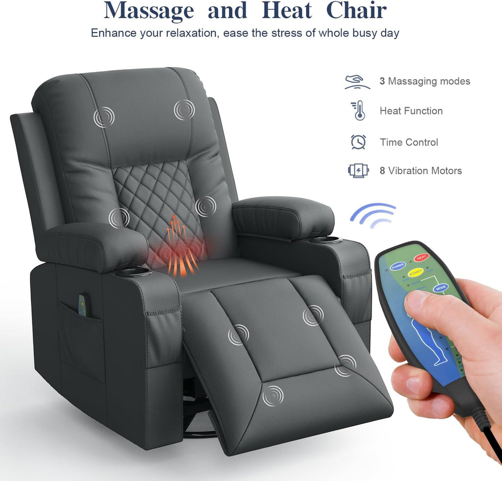 FURNIMAT Recliner Chairs for Adults, Massage Rocker with Heated Modern Ergonomic Lounge 360 Degree Swivel Single Sofa Seat Living Room Lounge Recliners Gray