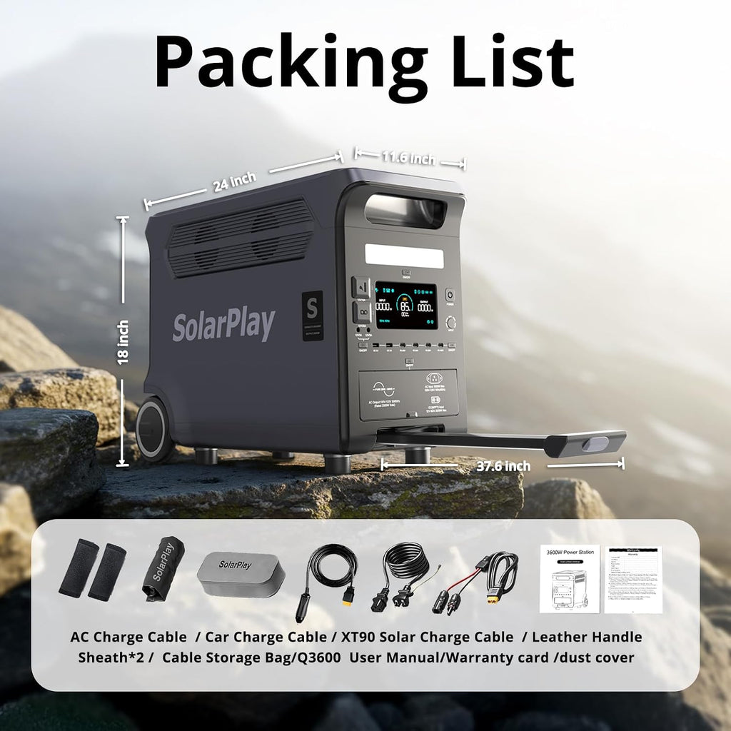 SolarPlay Portable Power Station, 3600W(5500W Peak), 3840Wh Solar Generator with 2 * 400W Solar Panel 2Hrs Fast Charging LiFePO4 Battery, Adjustable, UPS with AC output for Home Camping Outdoor