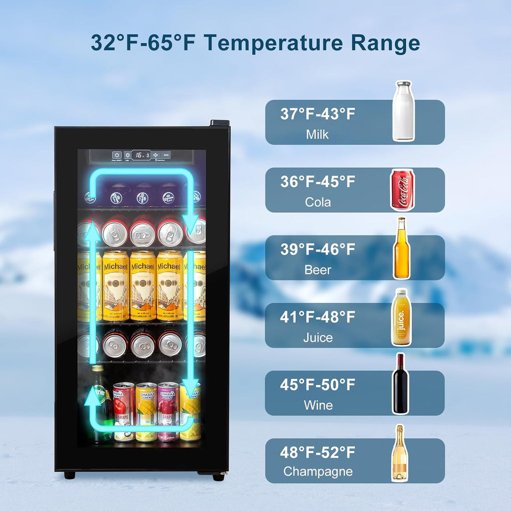 Cucina Magica Beverage Refrigerator 180 Can, Black Beer Fridge with Glass Door, 3.2 Cu Ft Mini Fridge for Drinks, Freestanding Cooler with Adjustable Shelves & Digital Temp Control