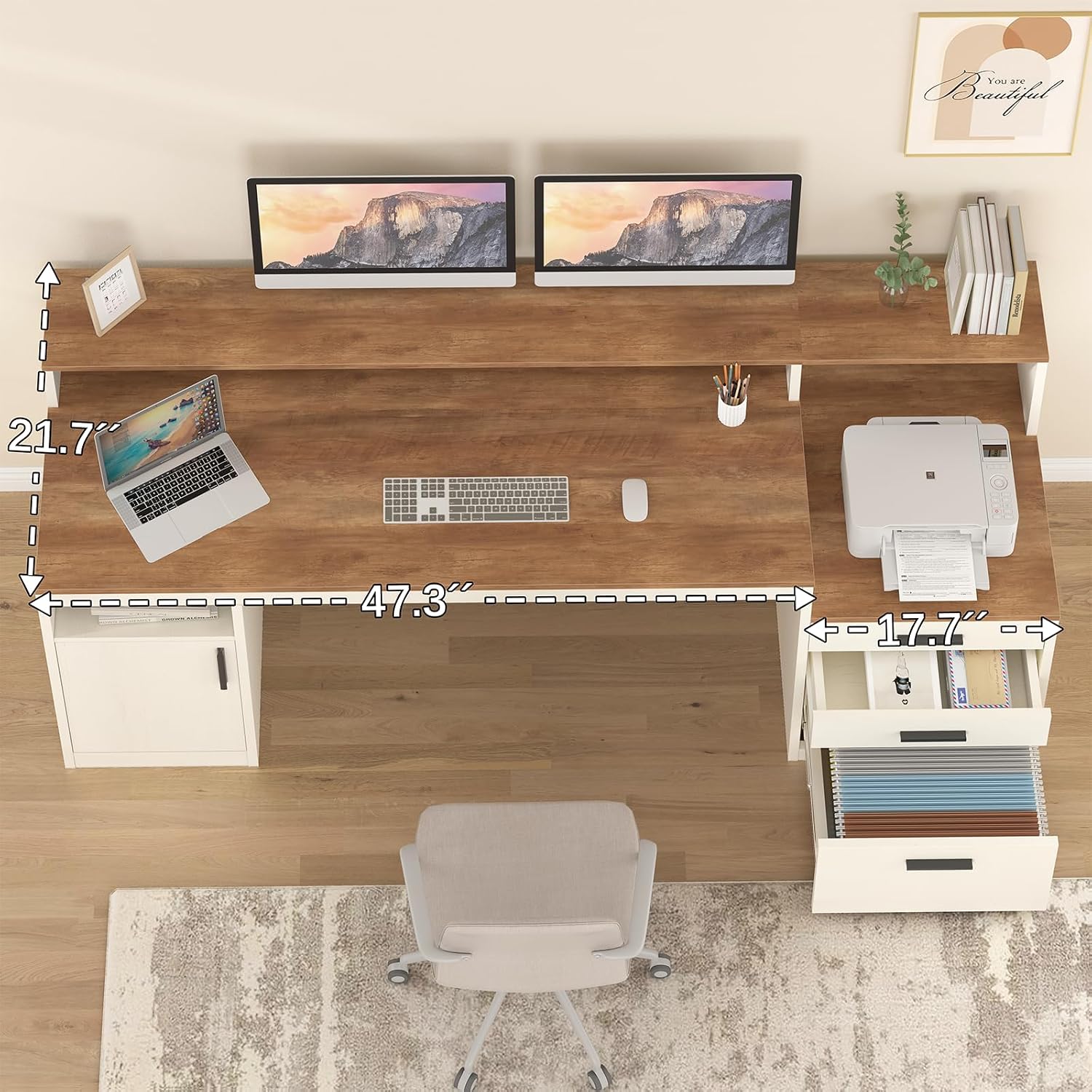 YOMILUVE 65 Inch Computer Desk with 3 Drawers & Storage Shelves, Executive Desk with File Drawer & Cabinet, Home Office Desk with Long Monitor Stand & Printer Shelf, Antique White