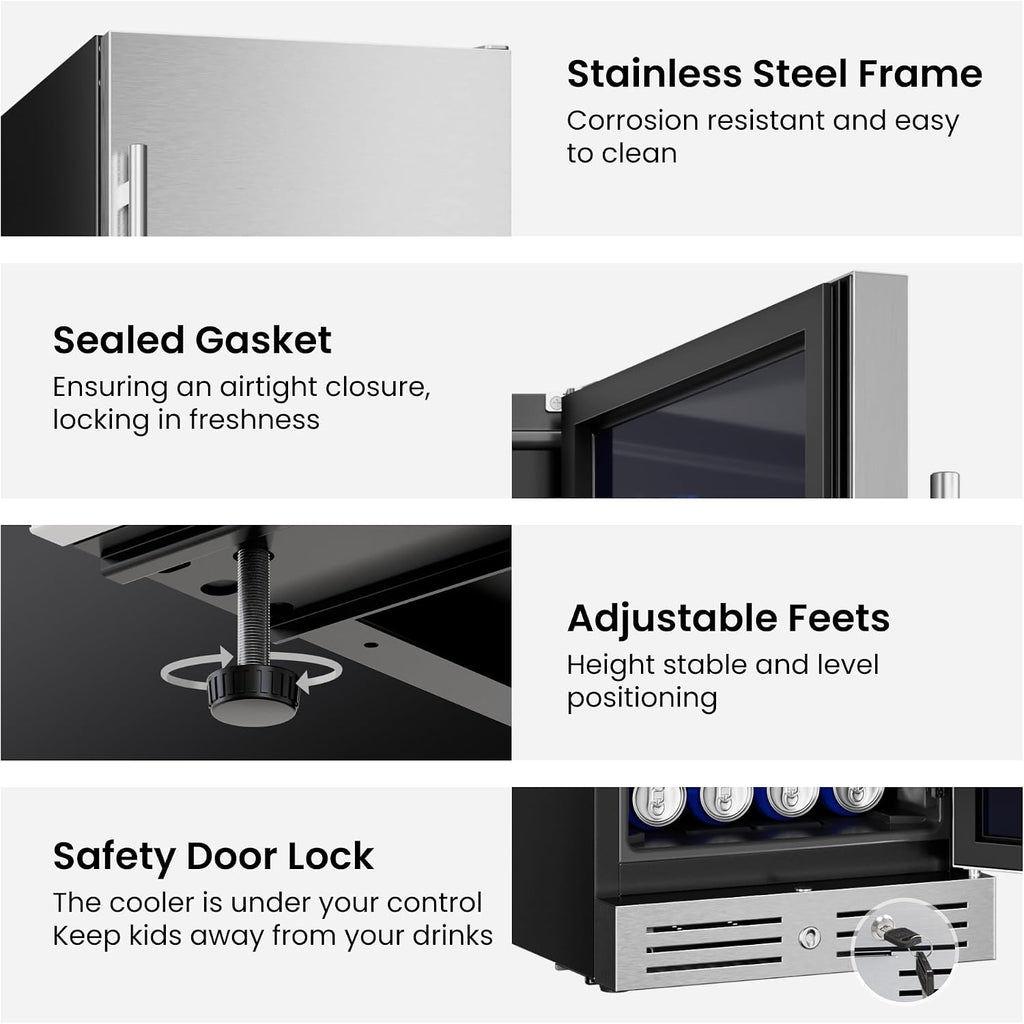 Yeego 15 Inch Beverage Refrigerator, 100 Can Beverage Cooler, Under Counter or Freestanding Drink Fridge with Lock, Auto Defrost, Digital Touch Control, Stainless Steel for Indoor & Covered Outdoor