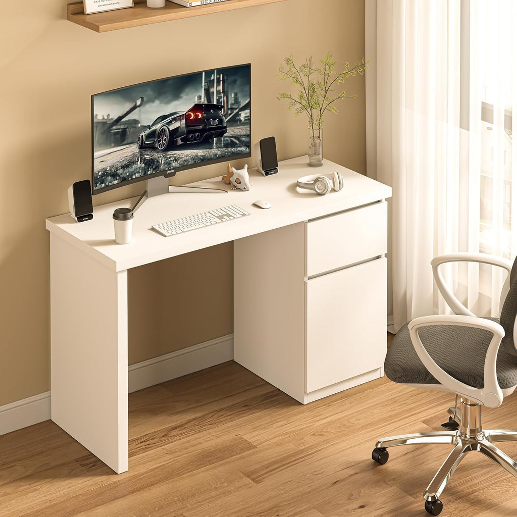 furtble White Desk with Drawers, 47 Inch Small Cute Desk for Bedroom, Home Office PC Desks Workstation Study Table Desks with Storage, White