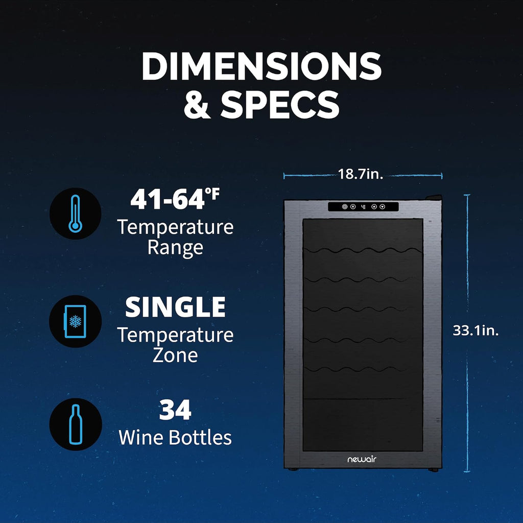 Newair 34 Bottle Wine Cooler Refrigerator | Shadow Series | Freestanding Mirrored Wine and Beverage Fridge with Double-Layer Tempered Glass Door & Compressor Cooling For Reds, Whites, & Sparkling Wine
